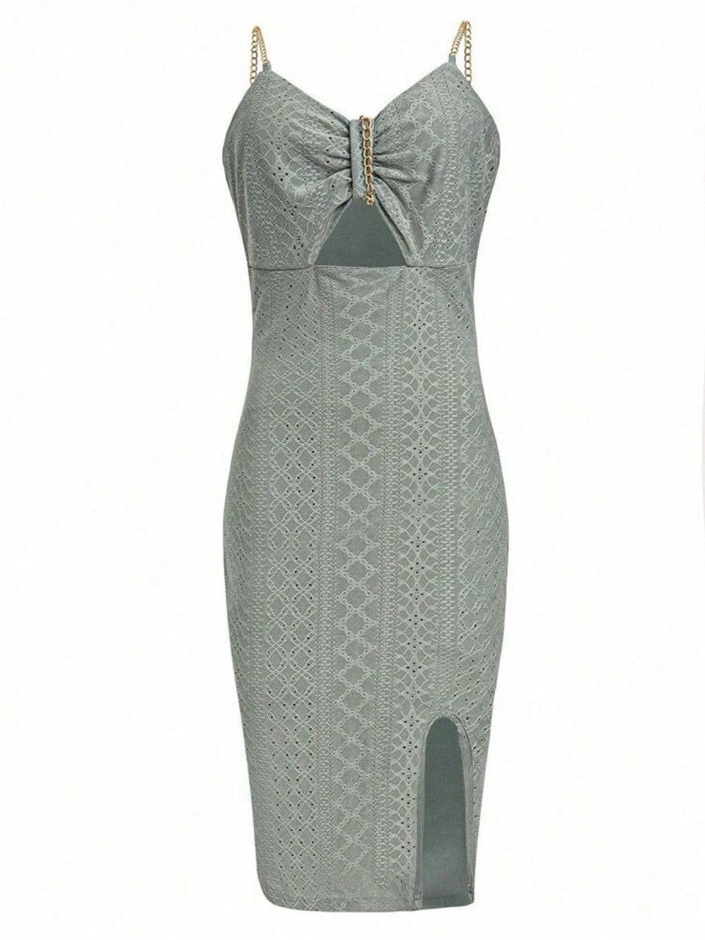 Gold-Chain Strap Sage Green Lace Midi Dress